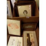 A box containing a selection of framed antique and later prints and other pictures including