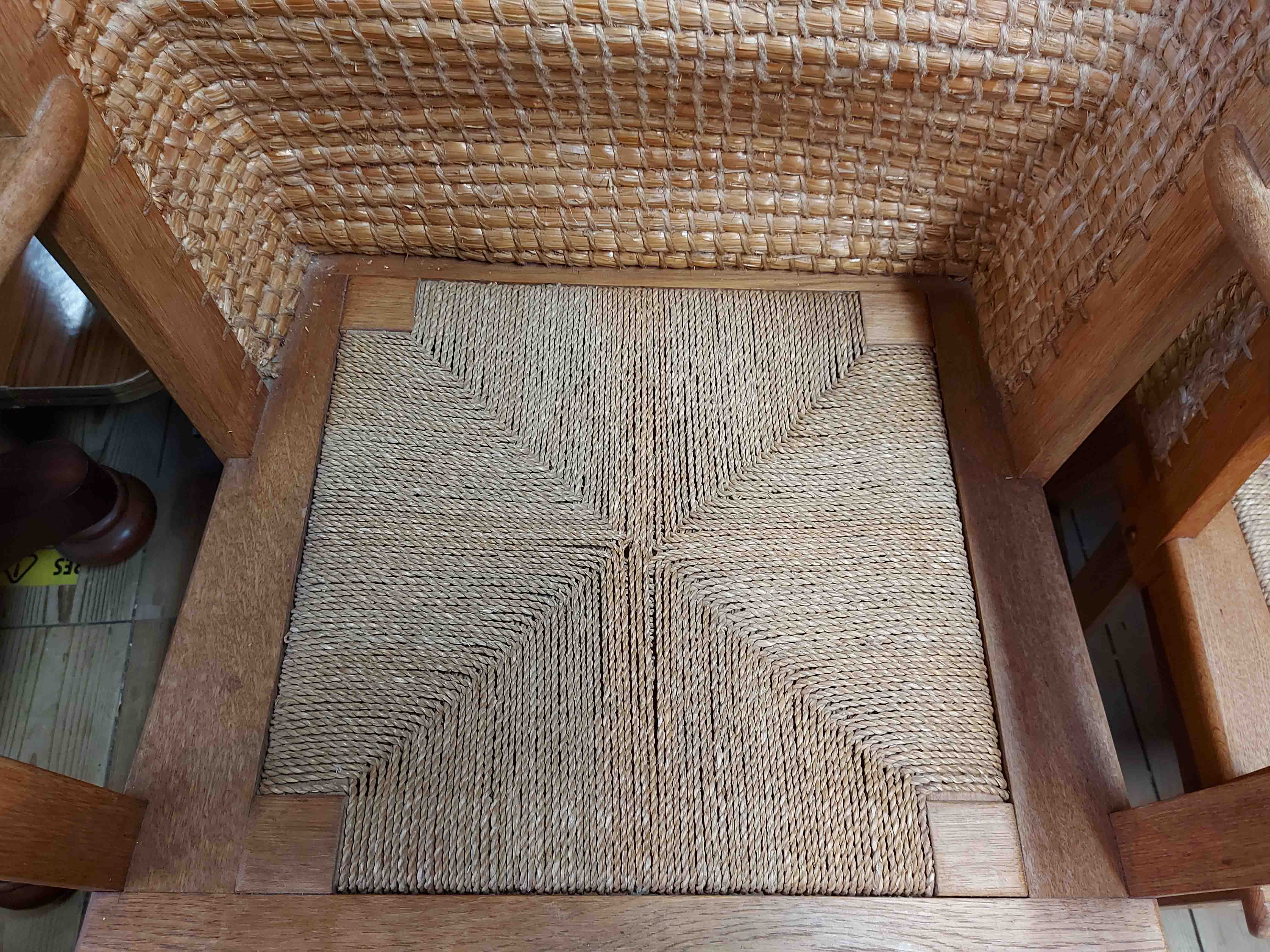 A 20th Century oak framed Orkney chair with woven and stitched curved rush back, open armrests and - Image 2 of 3