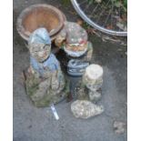 A trio of garden gnomes - one head severed but included - sold with two garden pots