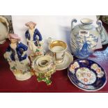 A small selection of ceramic items including pair of Staffordshire figurines, Vienna style porcelain