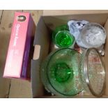 A box containing a quantity of assorted glassware including green glass part fruit set, Queen Anne