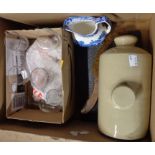 A box containing a small quantity of ceramic and glass items including stoneware hot water bottle,