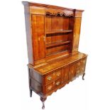 A 1.54m 19th Century oak, mahogany crossbanded and strung two part dresser with flanking cupboards