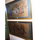 A pair of gilt framed late Chinese panoramic paintings on textile, one depicting court figures on