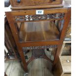 A 36cm old mahogany washstand with fretwork decoration, two tiers and jug stand undertier, set on