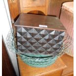 A small lift-top box with carved hobnail design to front - sold with a wirework planter with green