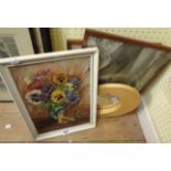 NW: a framed oil on canvas still life with pansies - signed - sold with two framed prints and a