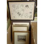 A box containing a selection of framed pictures and prints including an ink study entitled 'Perivale