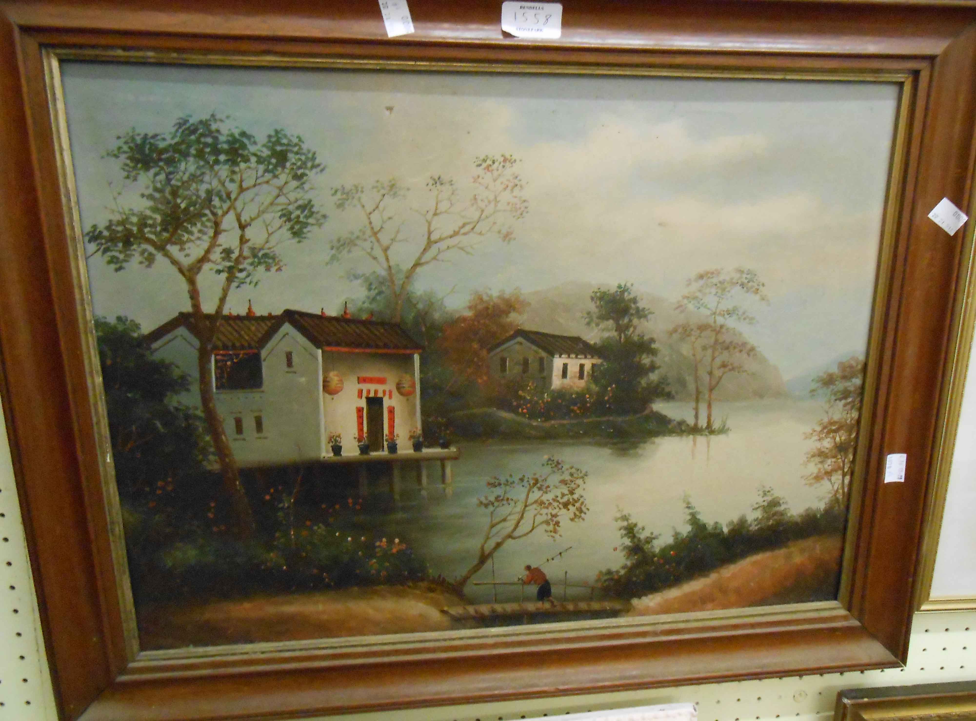 A pair of framed Chinese oils on canvas, both depicting waterside scenes with figures and - Image 3 of 4