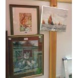 A framed watercolour, depicting a squirrel and toadstools - sold with a print on canvas of Brixham