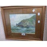 A gilt framed and slipped watercolour, depicting a coastal view with cliffs - signed with 'AS'