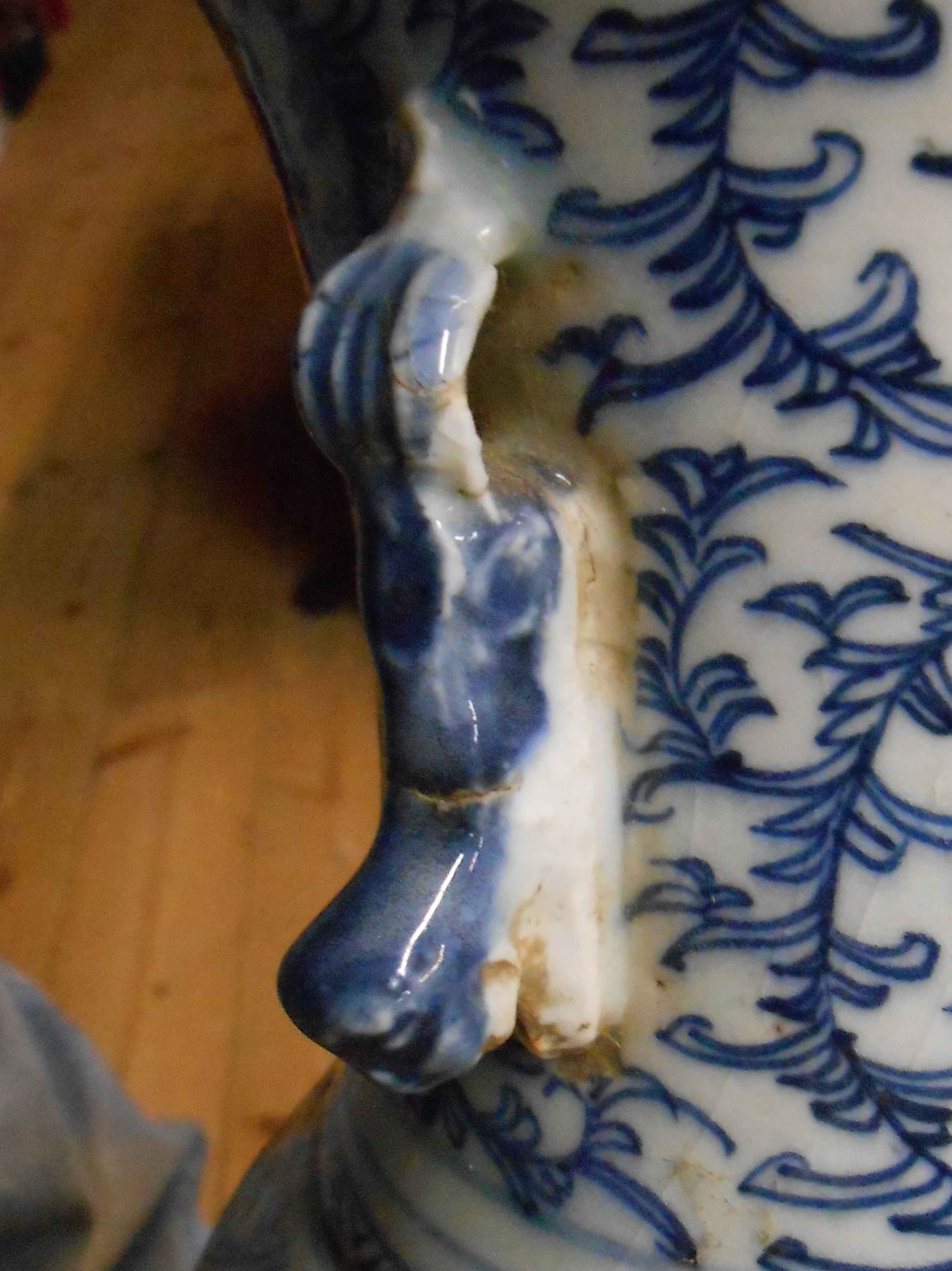 A large 20th Century Chinese porcelain lamp of vase form, set on carved hardwood stand with blue and - Image 6 of 7