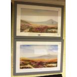 A pair of grey painted framed gouache paintings, one depicting a view of 'Hey Tor', the other 'Yes