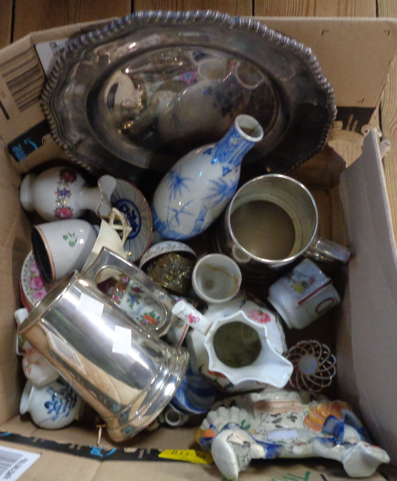 A box containing a quantity of assorted ceramics and other collectable items including Staffordshire