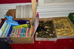 FOUR BOXES OF CHESS SETS, BOOKS, MAGAZINES ETC, to include a Reynard the Fox composite chess set (no