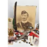 BOX OF MILITARY ITEMS TO INCLUDE, large Union Jack flag, with rope attachments, large black and