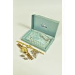 A GENTLEMENS 9CT GOLD 'GARRARD' WRISTWATCH AND A SELECTION OF COSTUME JEWELLERY, the watch with a