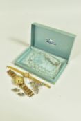 A GENTLEMENS 9CT GOLD 'GARRARD' WRISTWATCH AND A SELECTION OF COSTUME JEWELLERY, the watch with a