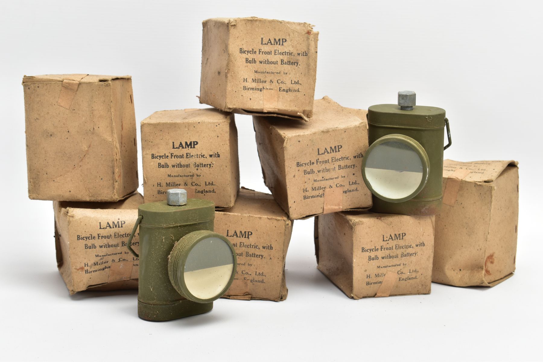 BOX CONTAINING TEN WORLD WAR TWO PERIOD Bicycle lamps boxed, new old stock, for use at night where