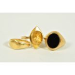 TWO 9CT GOLD GEM SET RINGS AND A 1930'S 18CT GOLD SIGNET RING, to include an onyx signet ring,