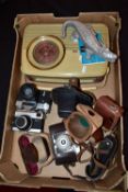 A TRAY CONTAINING CAMERA EQUIPMENT including a Werra, a Zenit-E a Koroll 24S and a Bush vintage