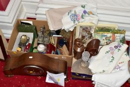TWO BOXES AND LOOSE MISCELLANEOUS ITEMS, to include a Garrard mantle clock (key and pendulum), a