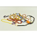 A BAG OF ASSORTED BEADED NECKLACES AND A BRACELET, ten beaded necklaces such as a glass beaded