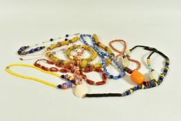 A BAG OF ASSORTED BEADED NECKLACES AND A BRACELET, ten beaded necklaces such as a glass beaded