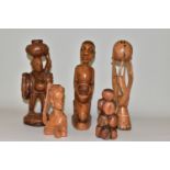 FIVE VARIOUS TRIBAL CARVED WOODEN FIGURES/BUST/ABSTRACT DESIGN ITEMS, height of bust 21cm, tallest