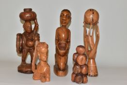 FIVE VARIOUS TRIBAL CARVED WOODEN FIGURES/BUST/ABSTRACT DESIGN ITEMS, height of bust 21cm, tallest