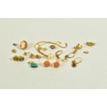 A BAG OF ASSORTED YELLOW METAL JEWELLERY, to include a pair of carved coral flowers fitted to a