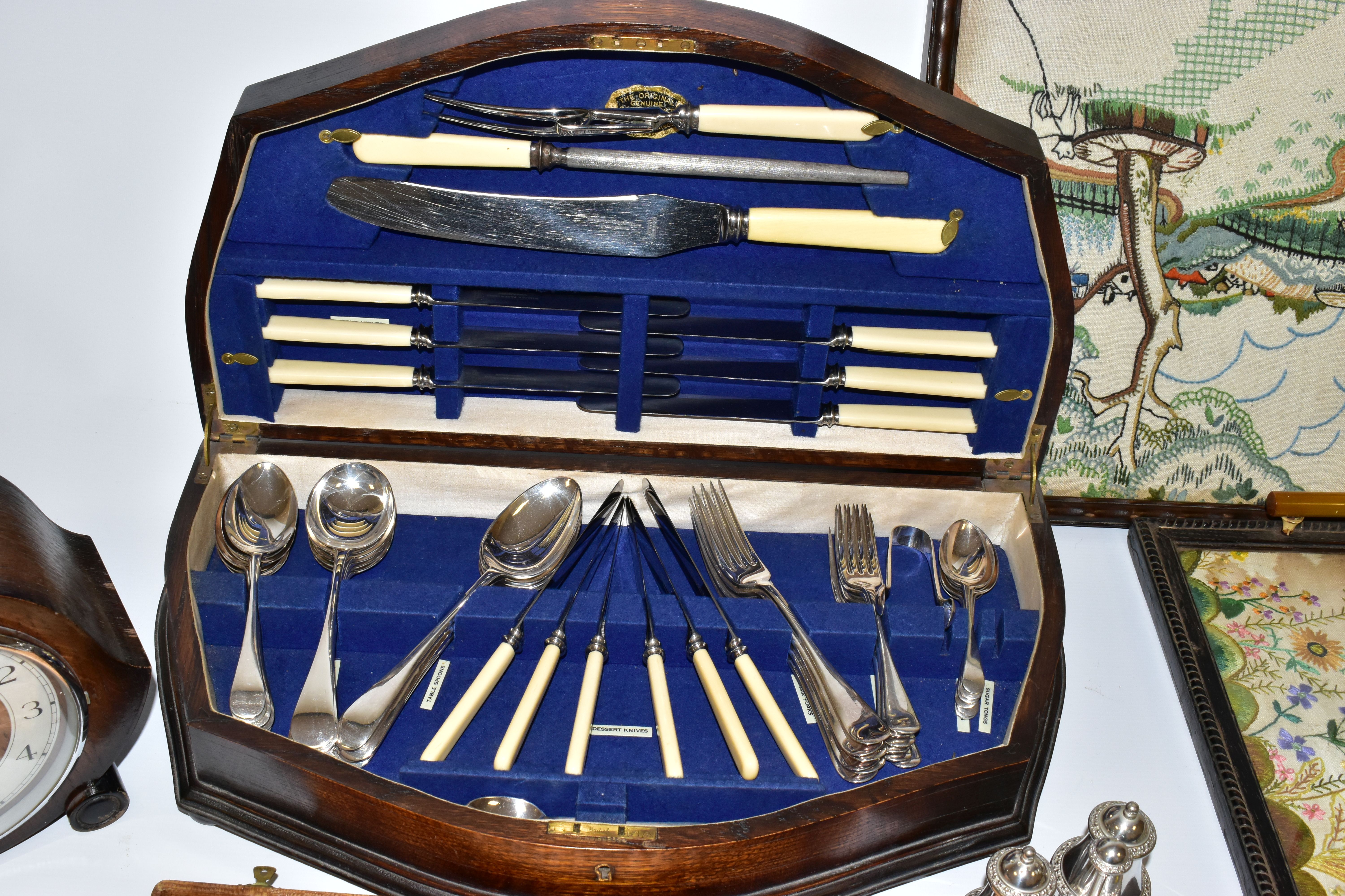 A GROUP OF FLATWARE, TREEN, EPNS, ETC, to include a canteen of EPNS cutlery, a cased carving set, - Image 3 of 4