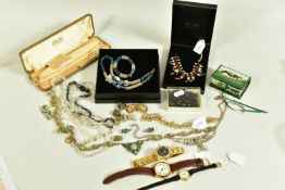 A BOX OF COSTUME JEWELLERY, to include a graduated, French glass bead necklace with matching non-