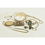 A SELECTION OF WHITE METAL JEWELLERY, to include a large mounted coin pendant, suspended from a