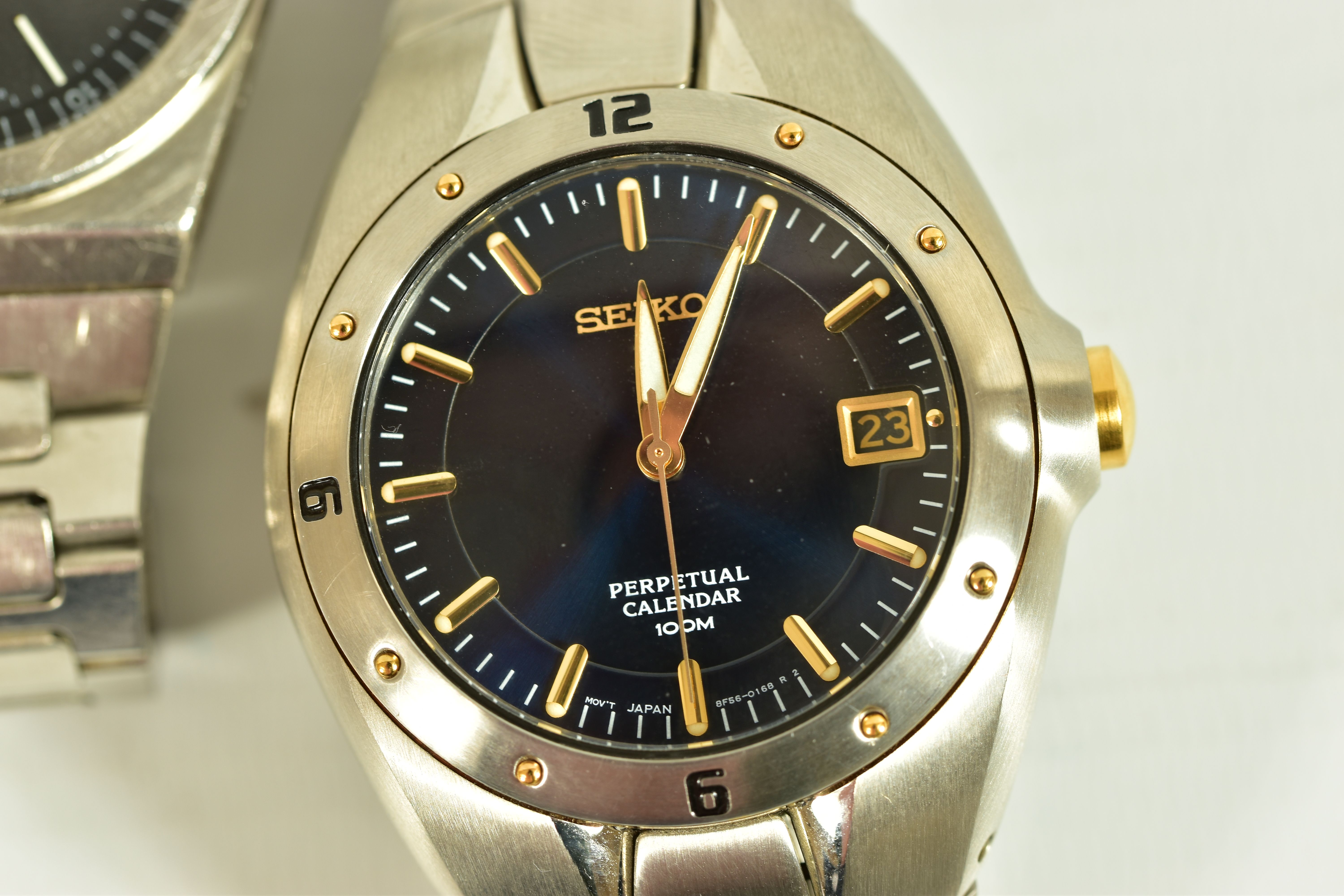 TWO SEIKO WRISTWATCHES, the first a Seiko perpetual calendar watch, dark blue dial with gold - Image 3 of 6