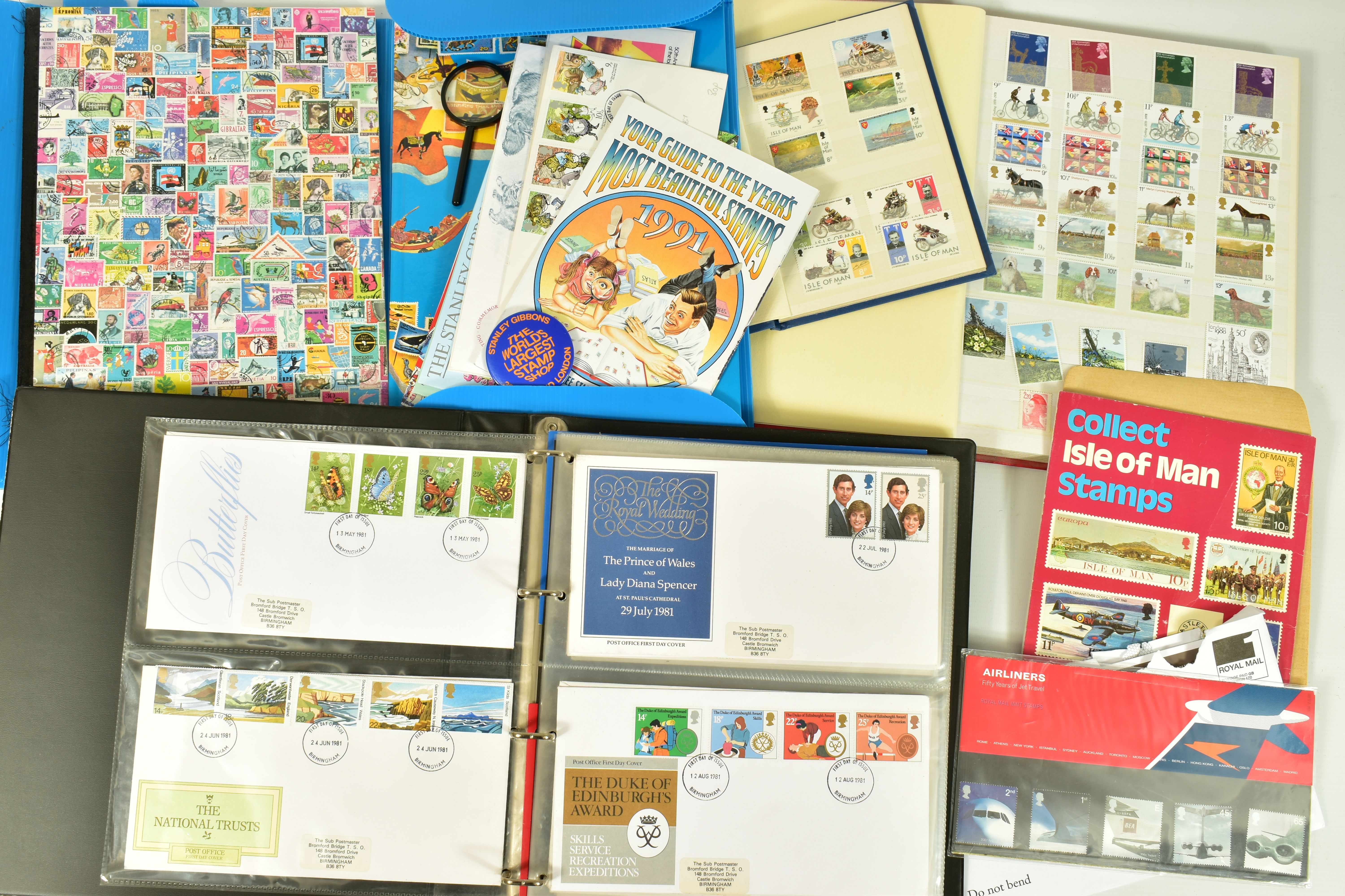 COLLECTION OF STAMPS, in three albums and a folder with a few GB fdcs and a small amount of face