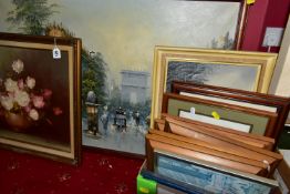 FIFTEEN VARIOUS FRAMED PICTURES, to include an oil on canvas still life signed H Simpson, size