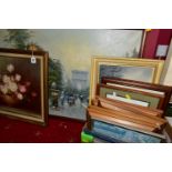 FIFTEEN VARIOUS FRAMED PICTURES, to include an oil on canvas still life signed H Simpson, size