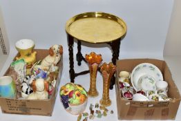 TWO BOXES AND LOOSE OF CERAMICS, GLASSWARE AND BRASS TOPPED TABLE, to include a Royal Worcester