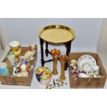 TWO BOXES AND LOOSE OF CERAMICS, GLASSWARE AND BRASS TOPPED TABLE, to include a Royal Worcester