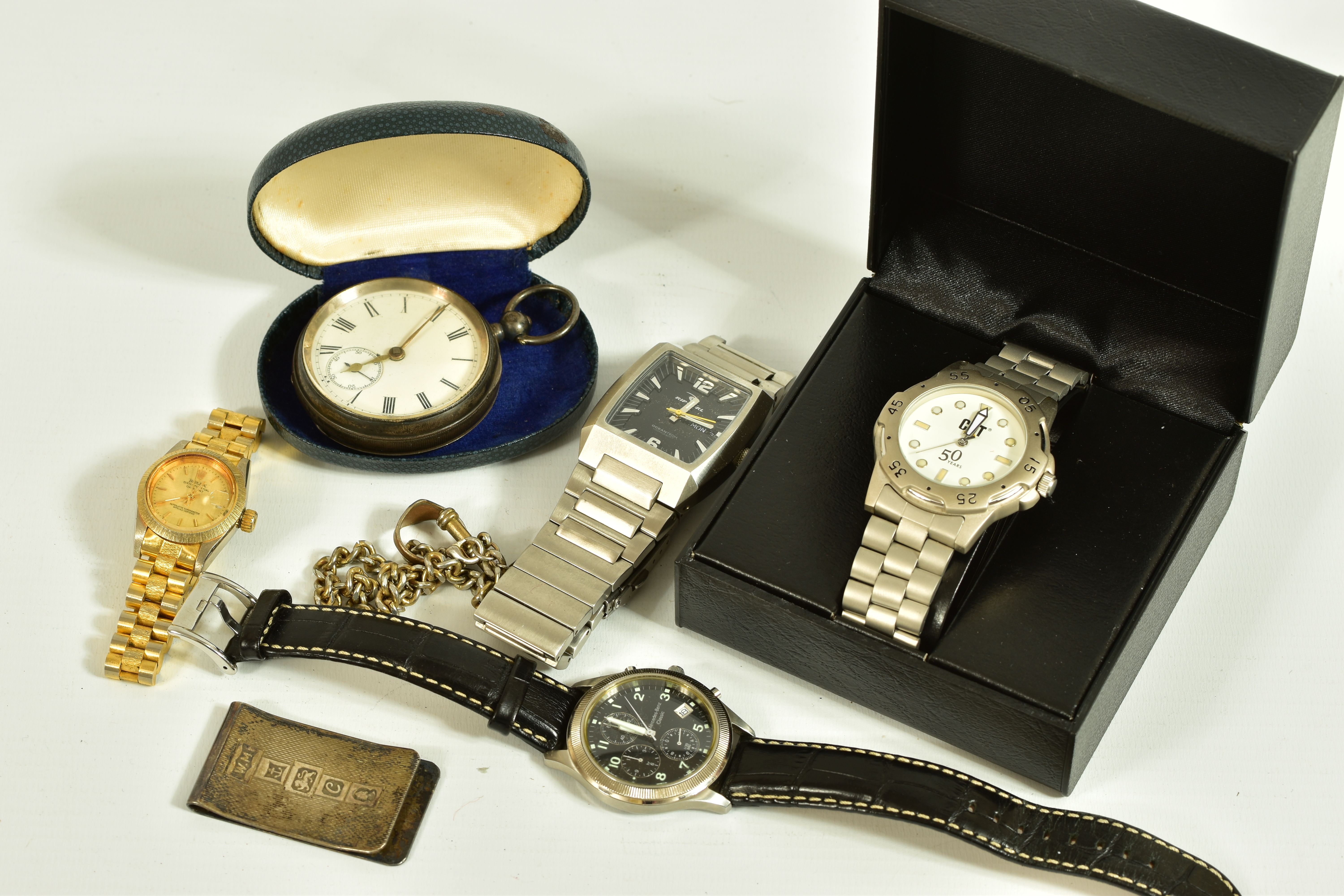 A STERLING SILVER OPEN FACED POCKET WATCH, white dial with roman numeral markers, subsidiary dial to