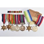 A GROUP OF SECOND WORLD WAR MEDALS ON A WEARING BAR, to include 1939-45, Africa Stars, War Medal &