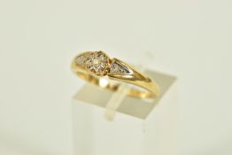 A 9CT GOLD DIAMOND RING, centring on an illusion set round brilliant cut diamond, single cut diamond