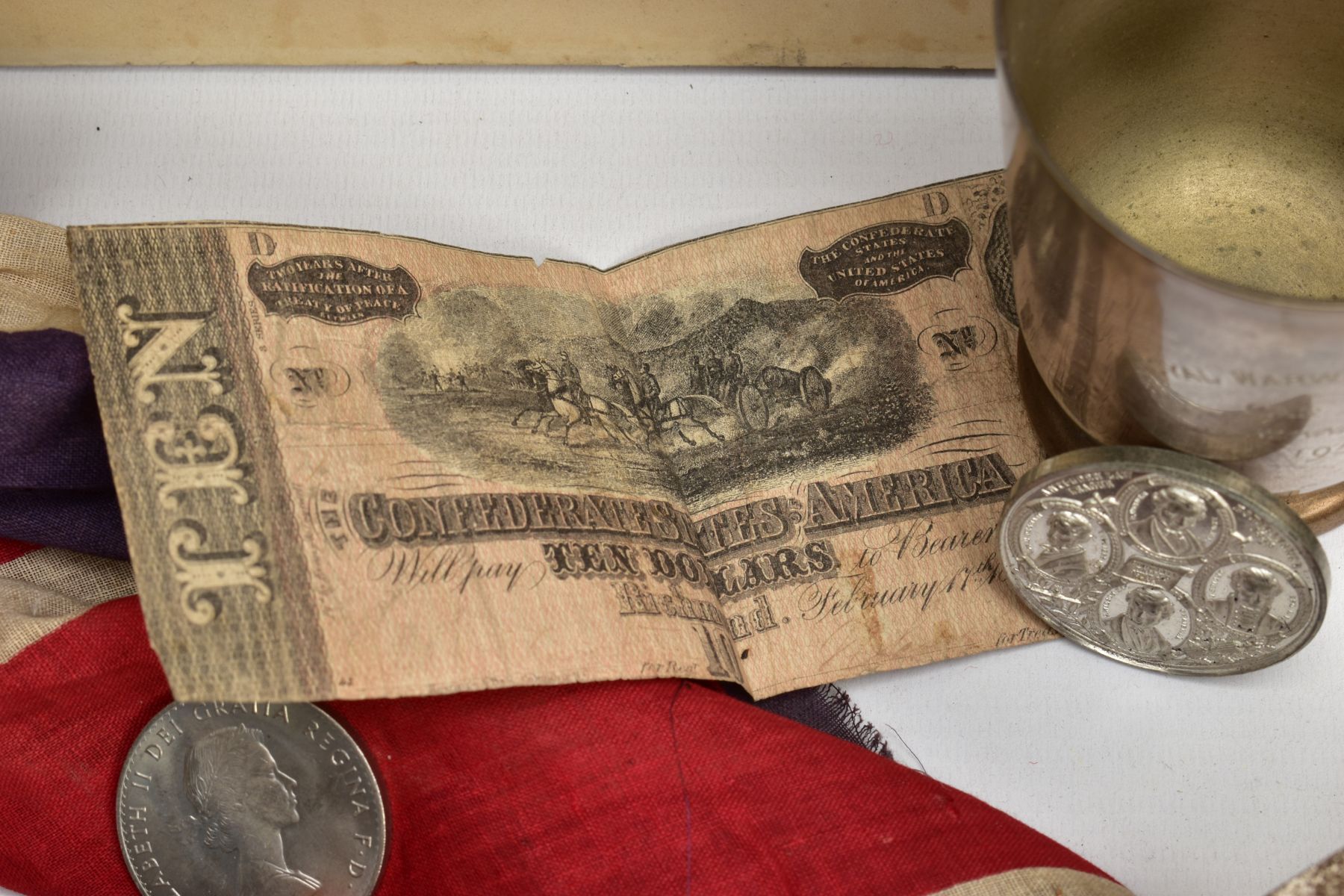 BOX OF MILITARY ITEMS TO INCLUDE, large Union Jack flag, with rope attachments, large black and - Image 15 of 19