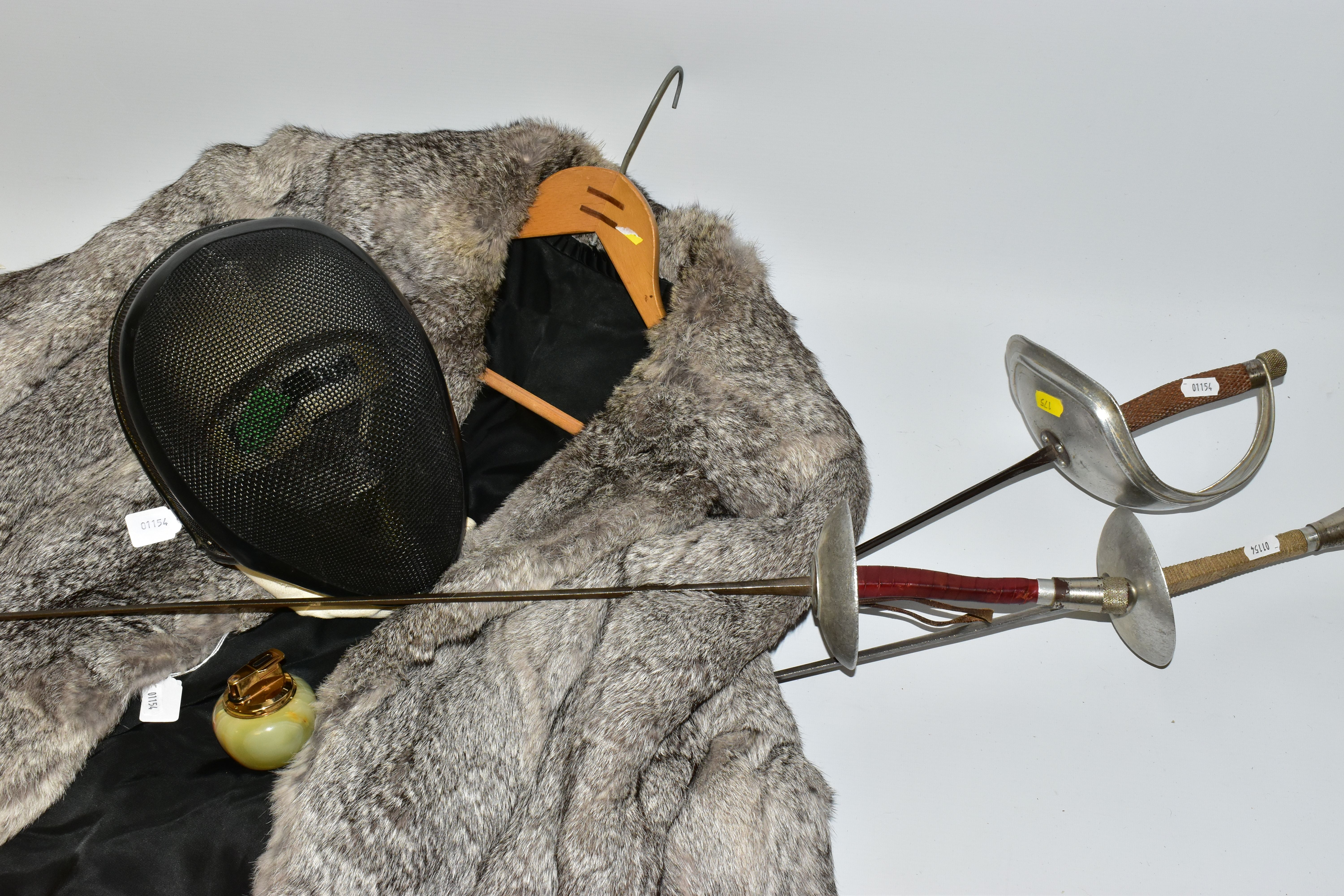 A FLECKED GREY CONEY FUR JACKET, size 14, together with a Paul fencing helmet and three fencing