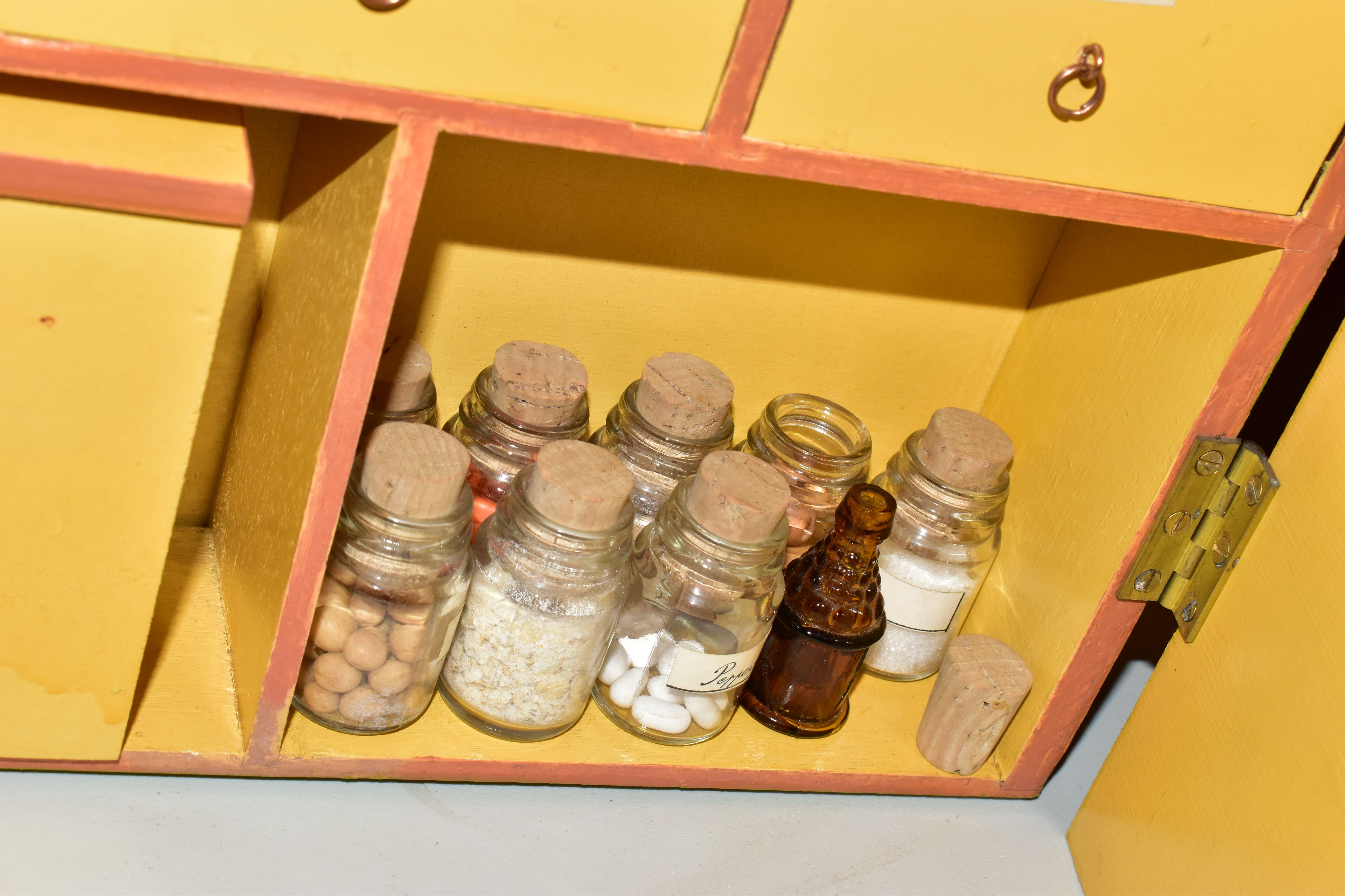 A WOODEN TOY GINGER & PICKLES SHOP AND CONTENTS, green painted Georgian style shopfront with bow - Image 3 of 11