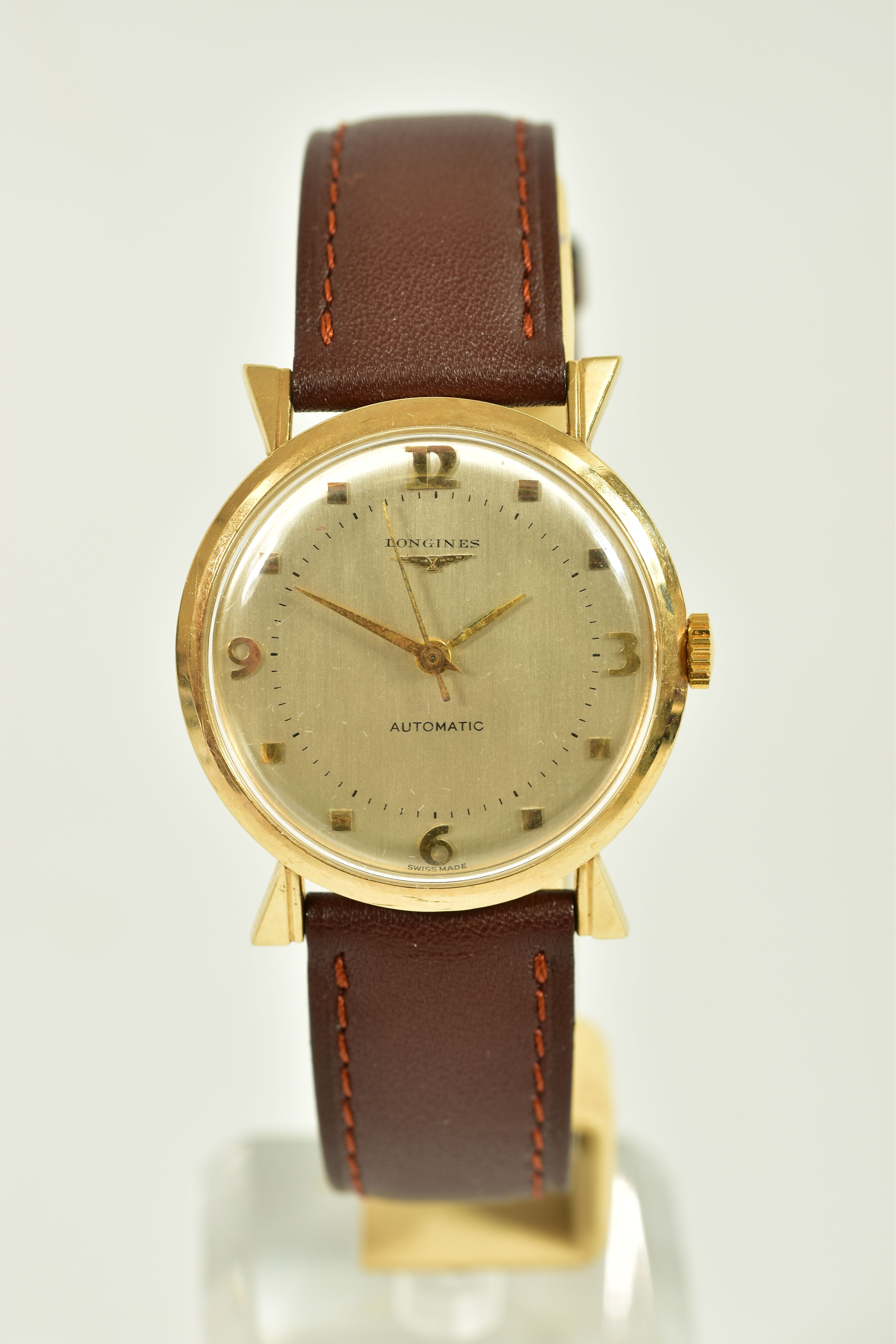A 14CT LONGINES AUTOMATIC WRISTWATCH, silvered dial with Arabic numeral and dot markers, approximate