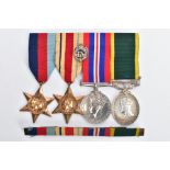 A GROUP OF SECOND WORLD WAR MEDALS ON A WEARING BAR, to include 1939-45, Africa Stars, War Medal (