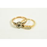 A YELLOW METAL DIAMOND RING AND ONE OTHER, the first designed with three graduated old cut diamonds,