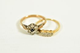 A YELLOW METAL DIAMOND RING AND ONE OTHER, the first designed with three graduated old cut diamonds,